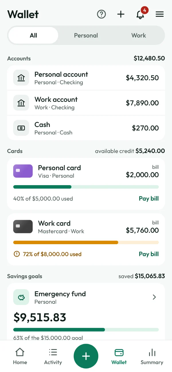 Wallet screen: accounts, cards with credit used and savings goals