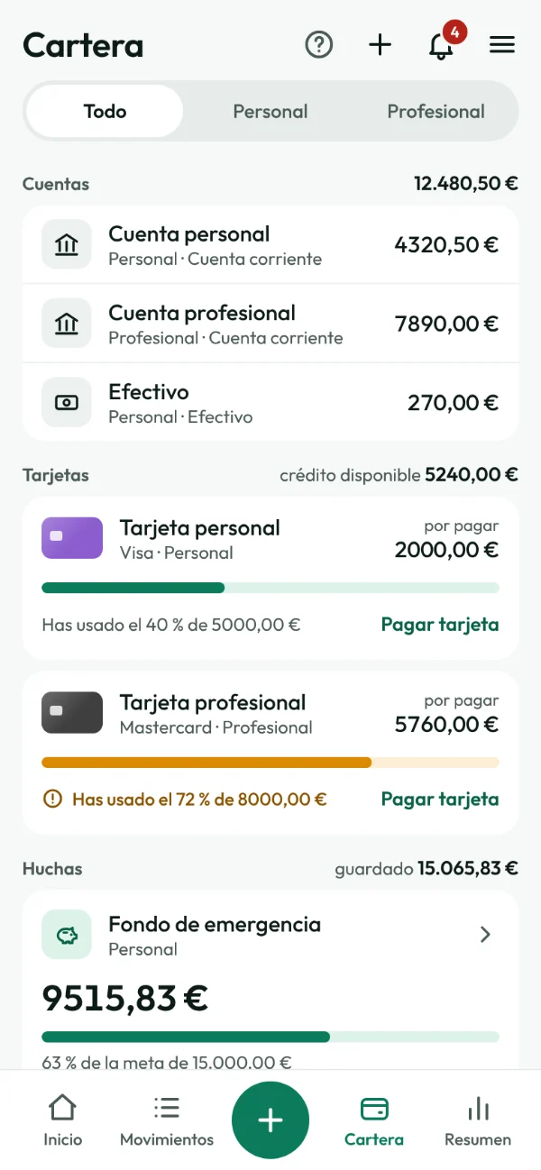 Pantalla Cartera: las cuentas, las tarjetas con el límite usado y las huchas