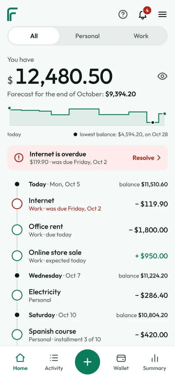 FinanceFlow home screen on a phone: today’s balance, the forecast for the end of the month and the bills for the coming days