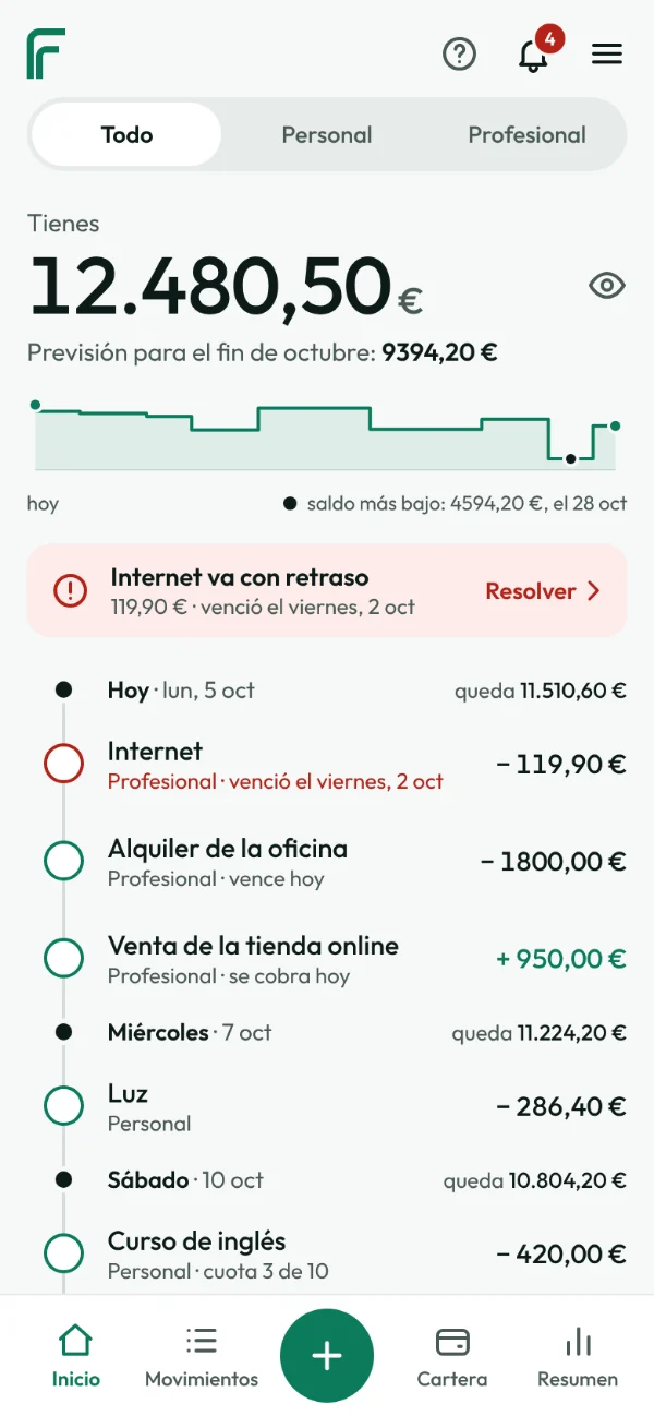 Pantalla de inicio de FinanceFlow en el móvil: el saldo de hoy, la previsión para fin de mes y los pagos de los próximos días