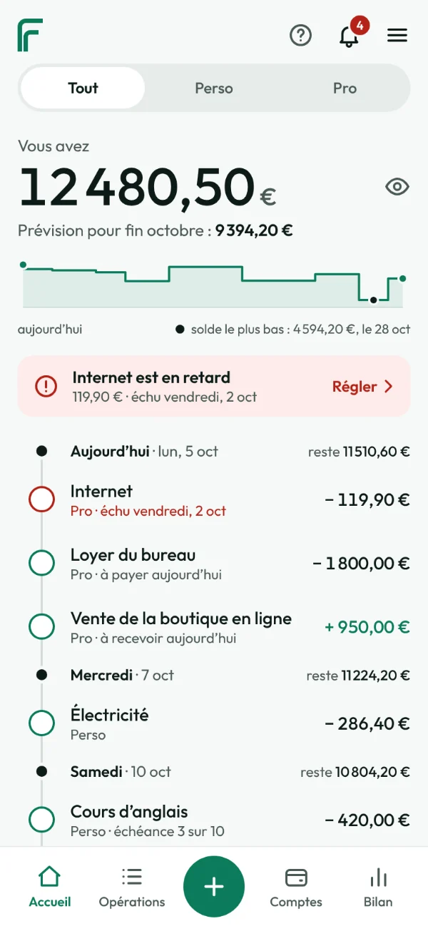 Écran d’accueil de FinanceFlow sur téléphone : le solde du jour, la prévision pour la fin du mois et les échéances des prochains jours
