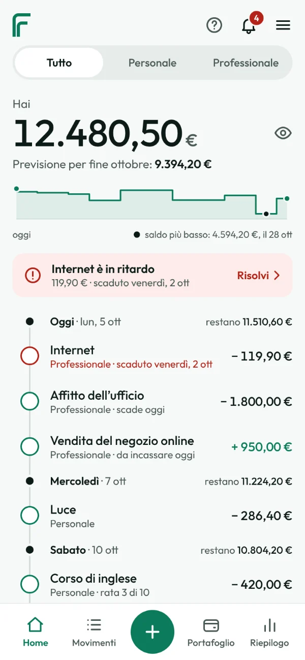 Schermata Home di FinanceFlow sul telefono: il saldo di oggi, la previsione per la fine del mese e i pagamenti dei prossimi giorni