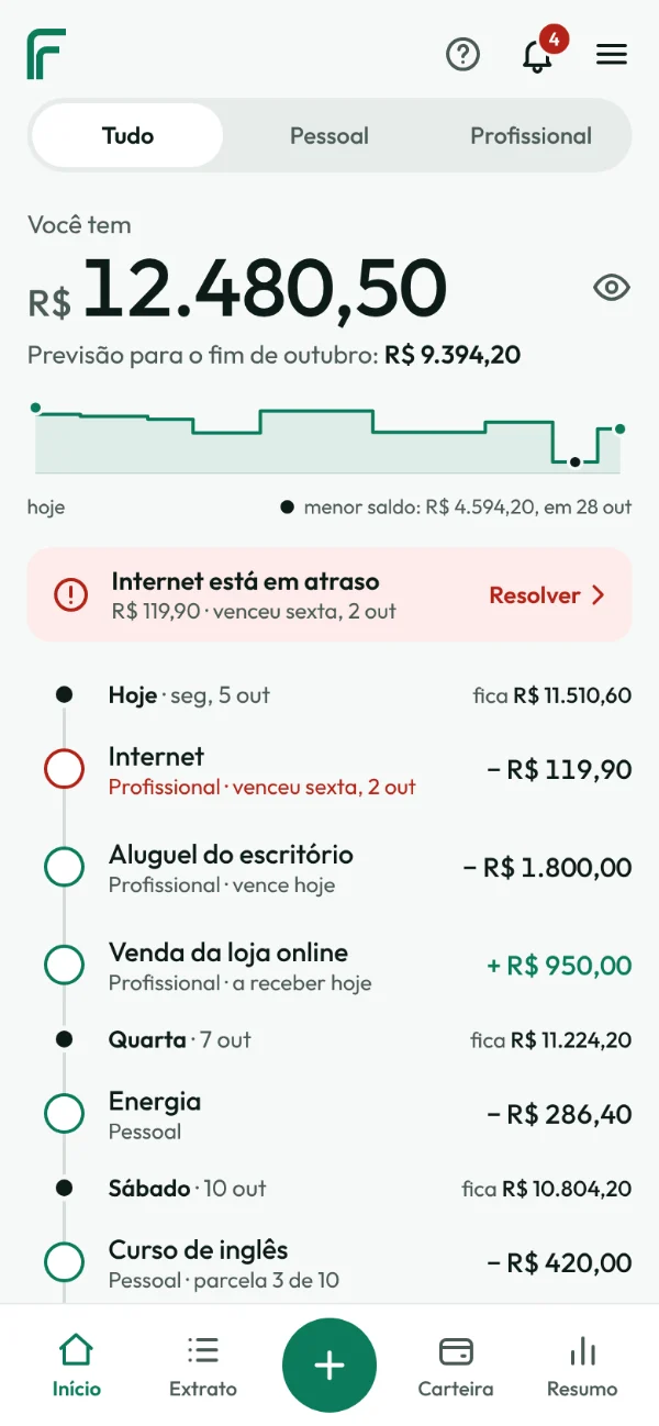 Tela inicial do FinanceFlow no celular: o saldo de hoje, a previsão para o fim do mês e as contas dos próximos dias