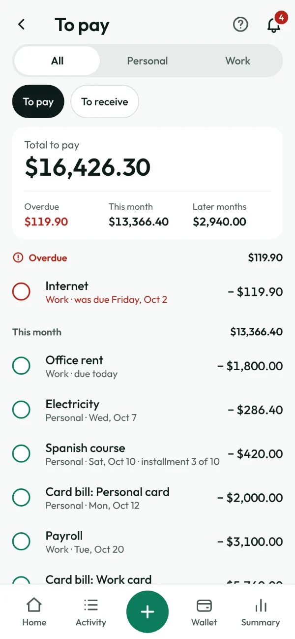 To pay screen: the total pending, what’s overdue and this month’s bills
