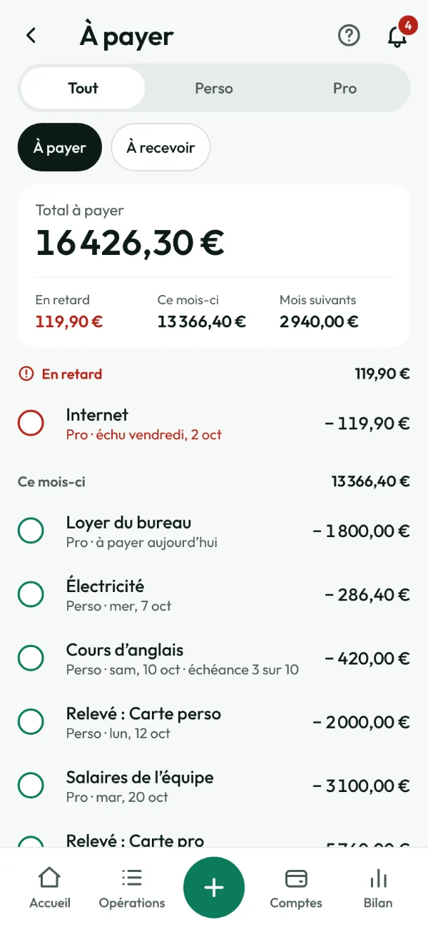 Écran À payer : le total en attente, ce qui est en retard et les échéances du mois