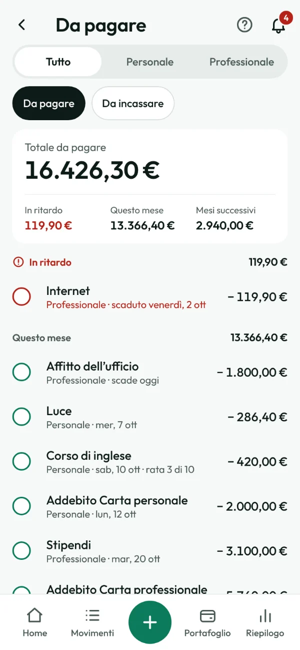 Schermata Da pagare: il totale in sospeso, ciò che è in ritardo e i pagamenti di questo mese