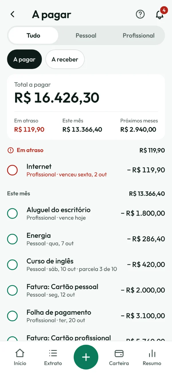 Tela A pagar: o total pendente, o que está em atraso e as contas deste mês