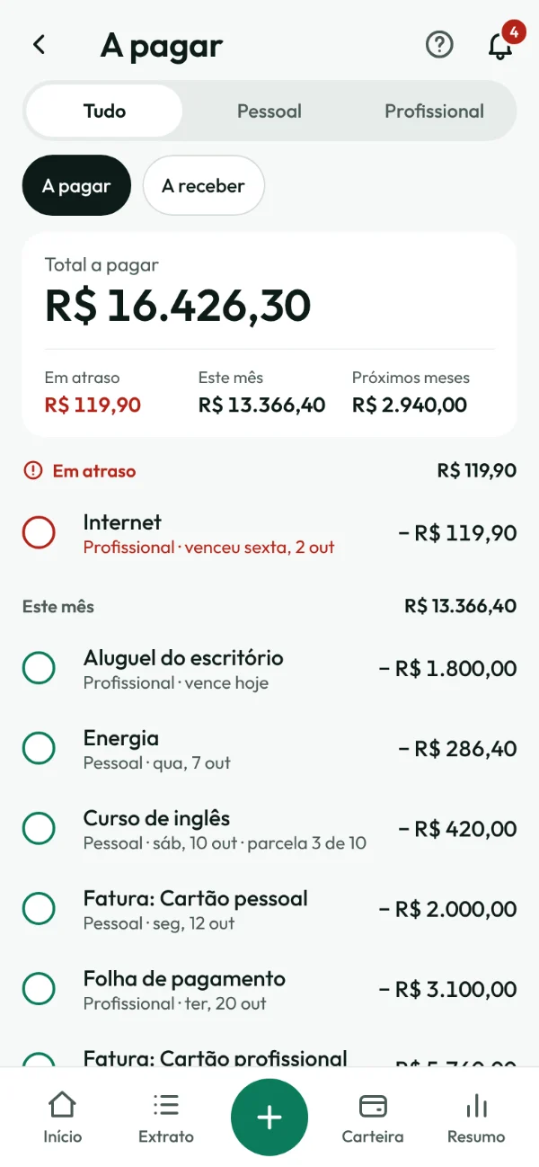 Tela A pagar: o total pendente, o que está em atraso e as contas deste mês