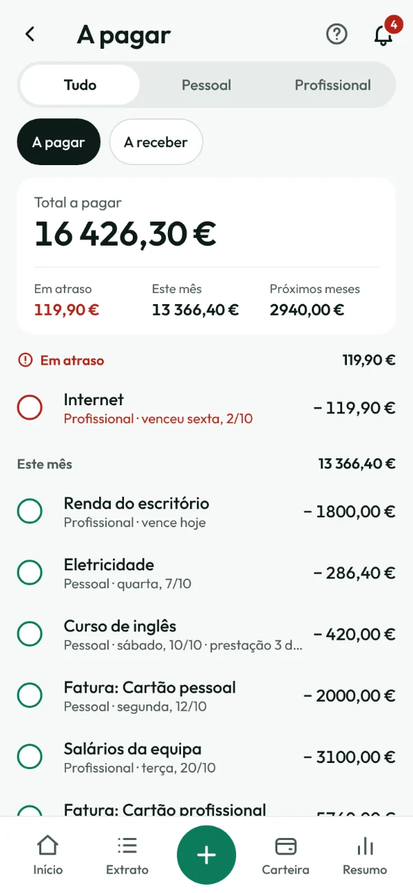 Ecrã A pagar: o total pendente, o que está em atraso e as contas deste mês